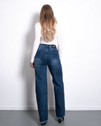 WIDE LEG JEANS WITH FRAYED HEM DARK BLUE