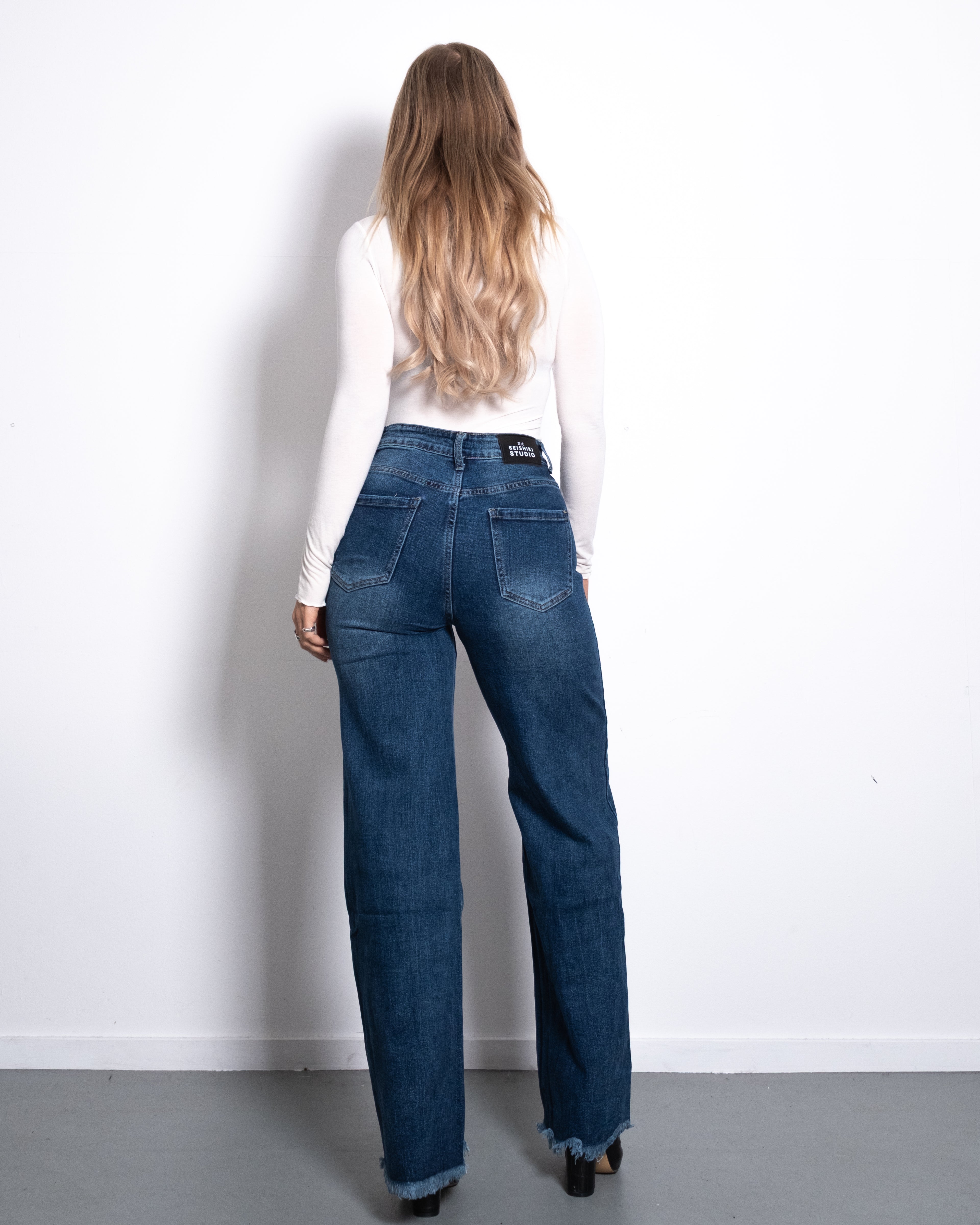 WIDE LEG JEANS WITH FRAYED HEM DARK BLUE