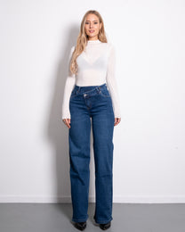 SUPER STRETCHY DARK BLUE WIDE LEG JEANS WITH SLANTED BUTTON - INSEAM 81CM | SEISHIKI STUDIO