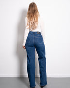 DARK BLUE WIDE LEG JEANS WITH SLANTED BUTTON - INSEAM 81CM
