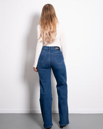 SUPER STRETCHY DARK BLUE WIDE LEG JEANS WITH SLANTED BUTTON - INSEAM 81CM | SEISHIKI STUDIO