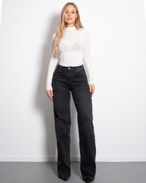 STRETCHY BLACK WIDE LEG JEANS WITH STONE WASH - INSEAM 86CM | SEISHIKI STUDIO