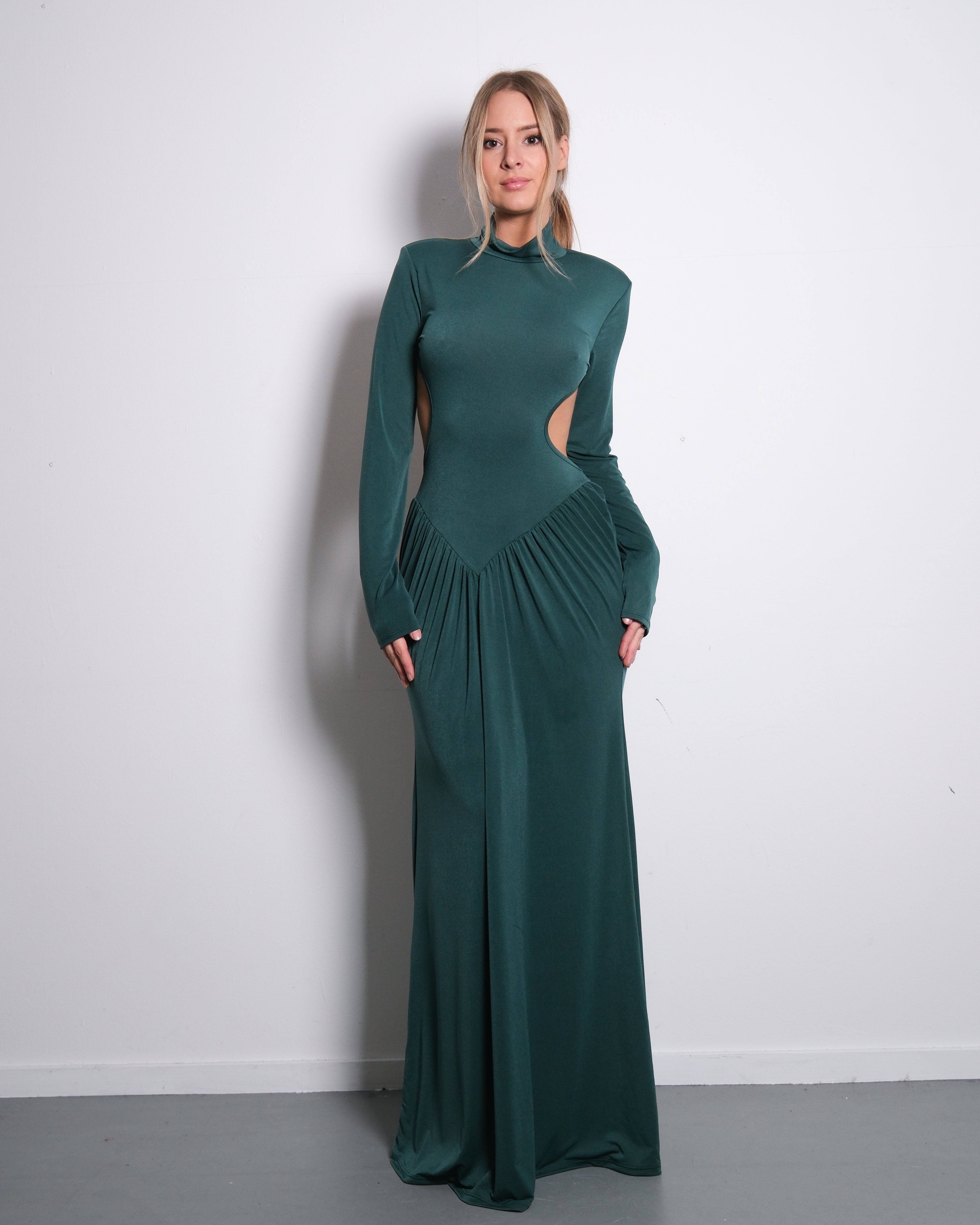 STRETCHY SIDE CUTOUT OPEN BACK DETAIL DRESS EMERALD