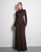 STRETCHY SIDE CUTOUT OPEN BACK DETAIL DRESS BROWN