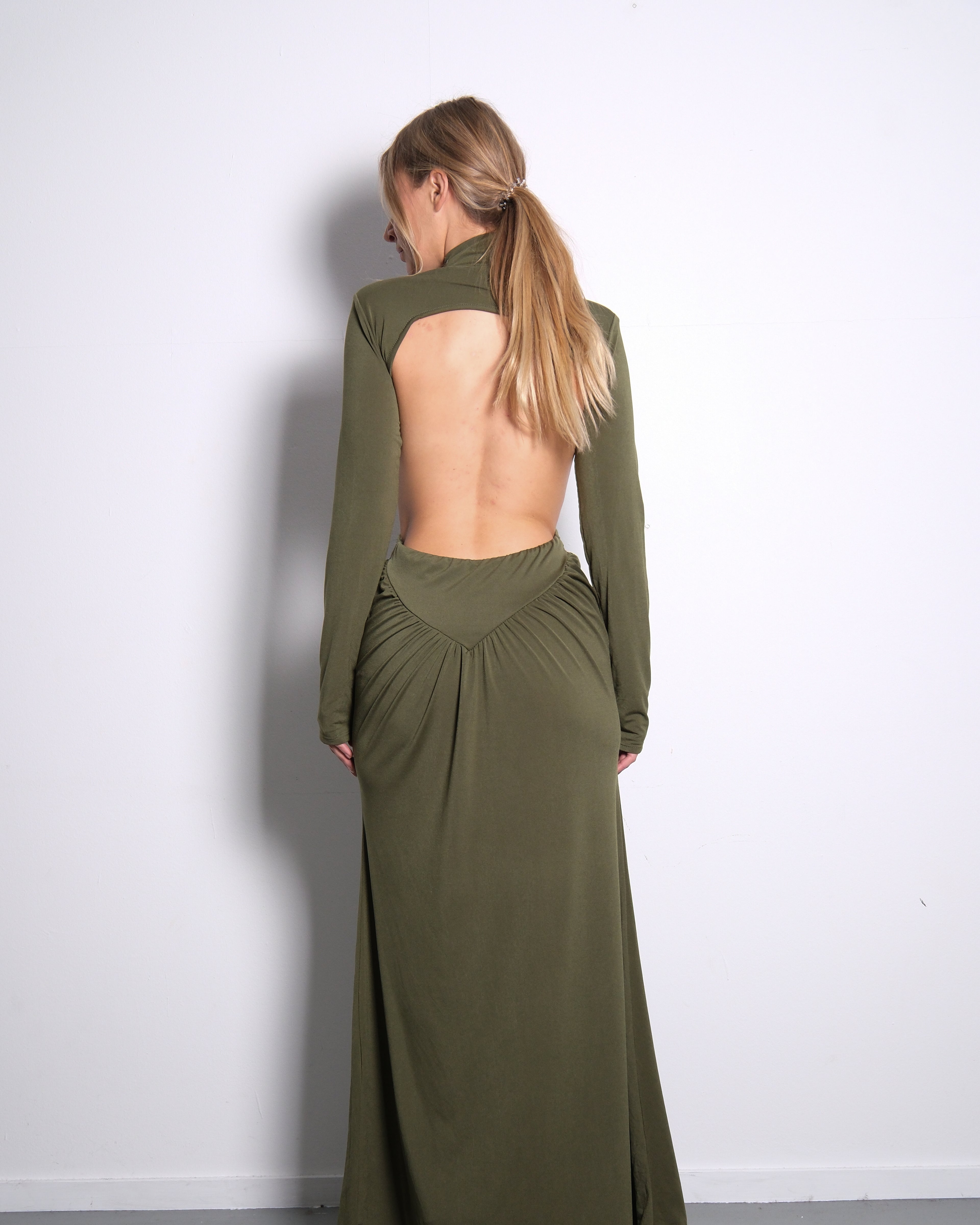 STRETCHY SIDE CUTOUT OPEN BACK DETAIL DRESS OLIVE