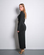 LONGSLEEVE STRETCHY DRESS WITH HIGH SLIT AND GOLD BUCKLE BLACK