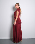 HIGH NECK RUCHED DRAPED DRESS BURGUNDY