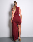 HIGH NECK RUCHED DRAPED DRESS BURGUNDY