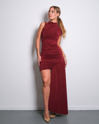 HIGH NECK RUCHED DRAPED DRESS BURGUNDY