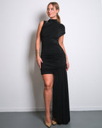 HIGH NECK RUCHED DRAPED DRESS BLACK
