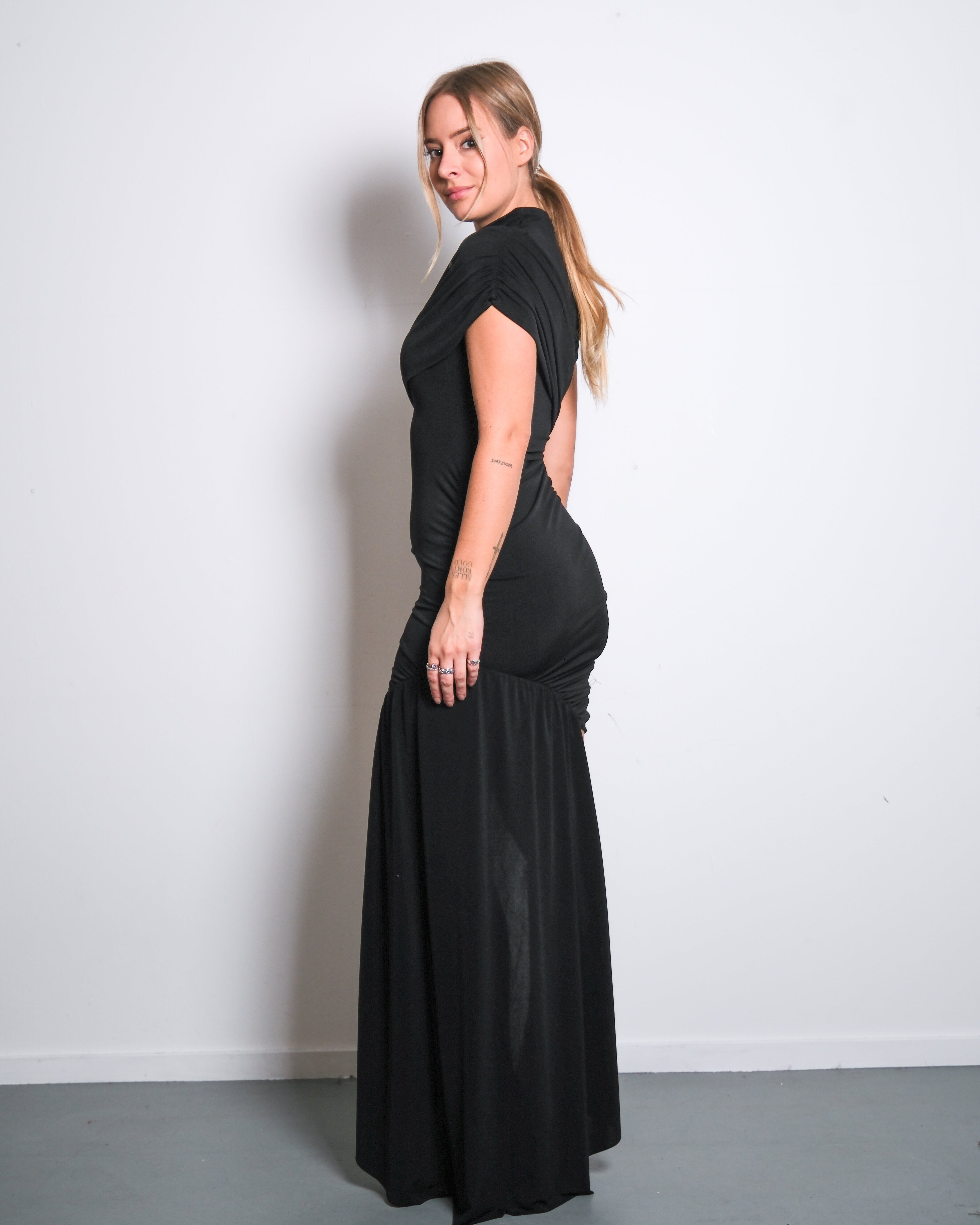 HIGH NECK RUCHED DRAPED DRESS BLACK