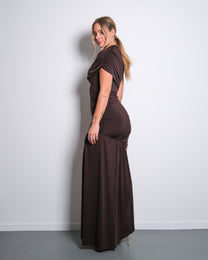 SUPER STRETCHY HIGH NECK RUCHED DRAPED DRESS BROWN | SEISHIKI STUDIO