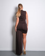 HIGH NECK RUCHED DRAPED DRESS BROWN