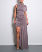 HIGH NECK RUCHED DRAPED DRESS BEIGE