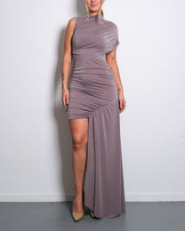 SUPER STRETCHY HIGH NECK RUCHED DRAPED DRESS BEIGE | SEISHIKI STUDIO