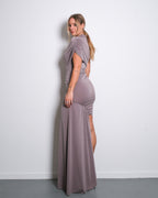 HIGH NECK RUCHED DRAPED DRESS BEIGE