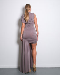 SUPER STRETCHY HIGH NECK RUCHED DRAPED DRESS BEIGE | SEISHIKI STUDIO