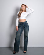 HIGH WAIST WIDE LEG JEANS ACID WASH - INSEAM 77CM