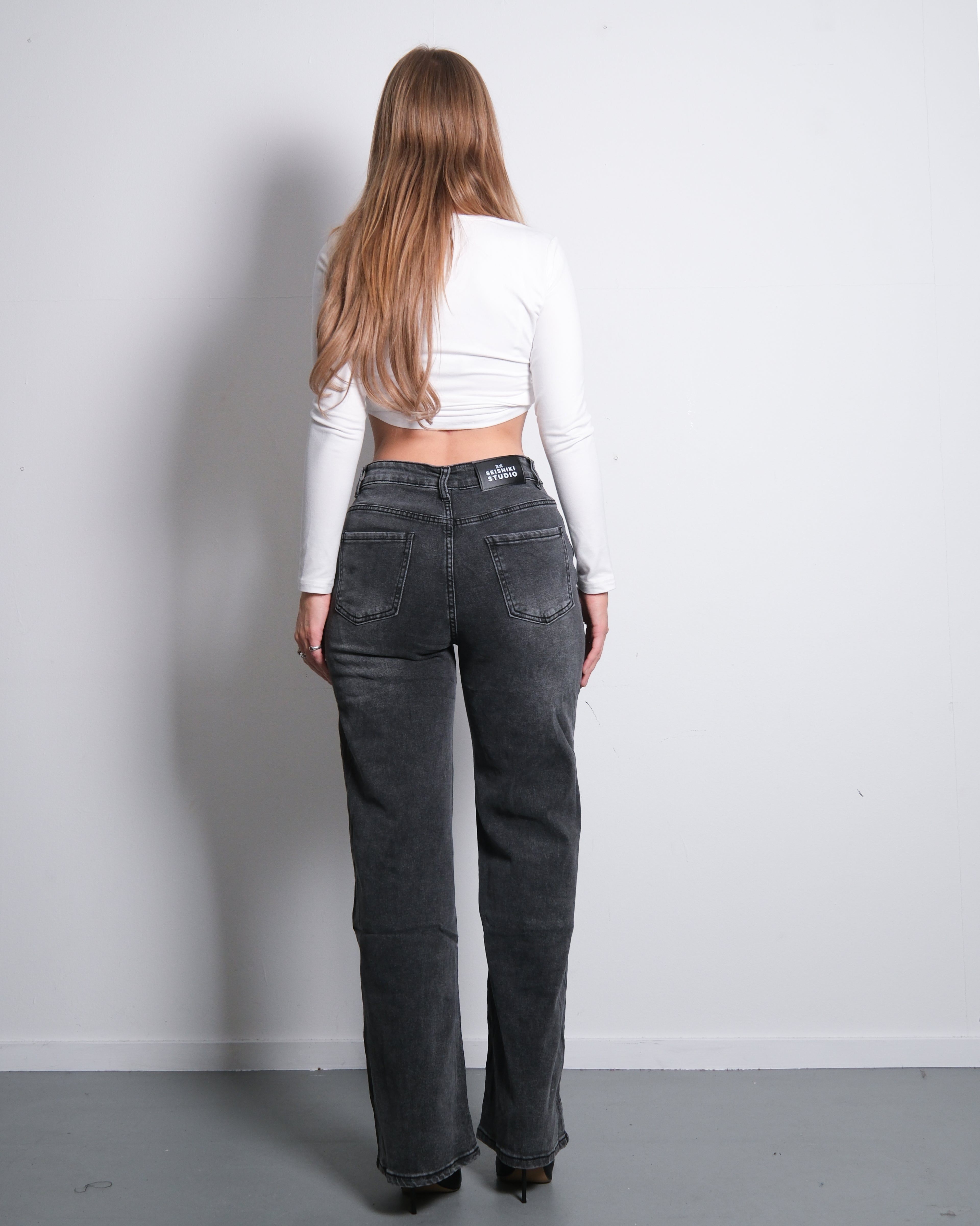 HIGH WAIST WIDE LEG JEANS GREY WASH - INSEAM 80CM