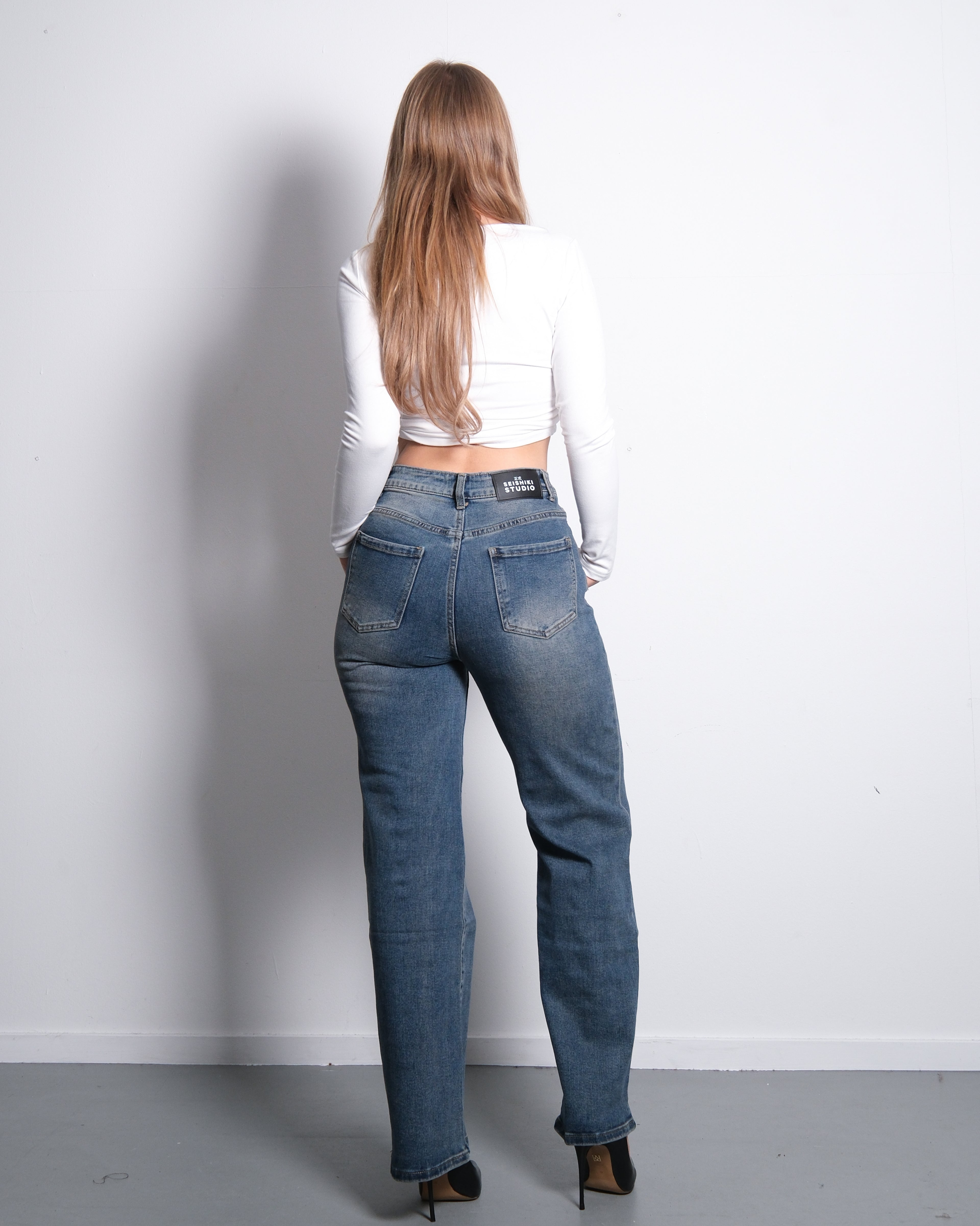 HIGH WAIST WIDE LEG JEANS BLUE GREY - 77CM