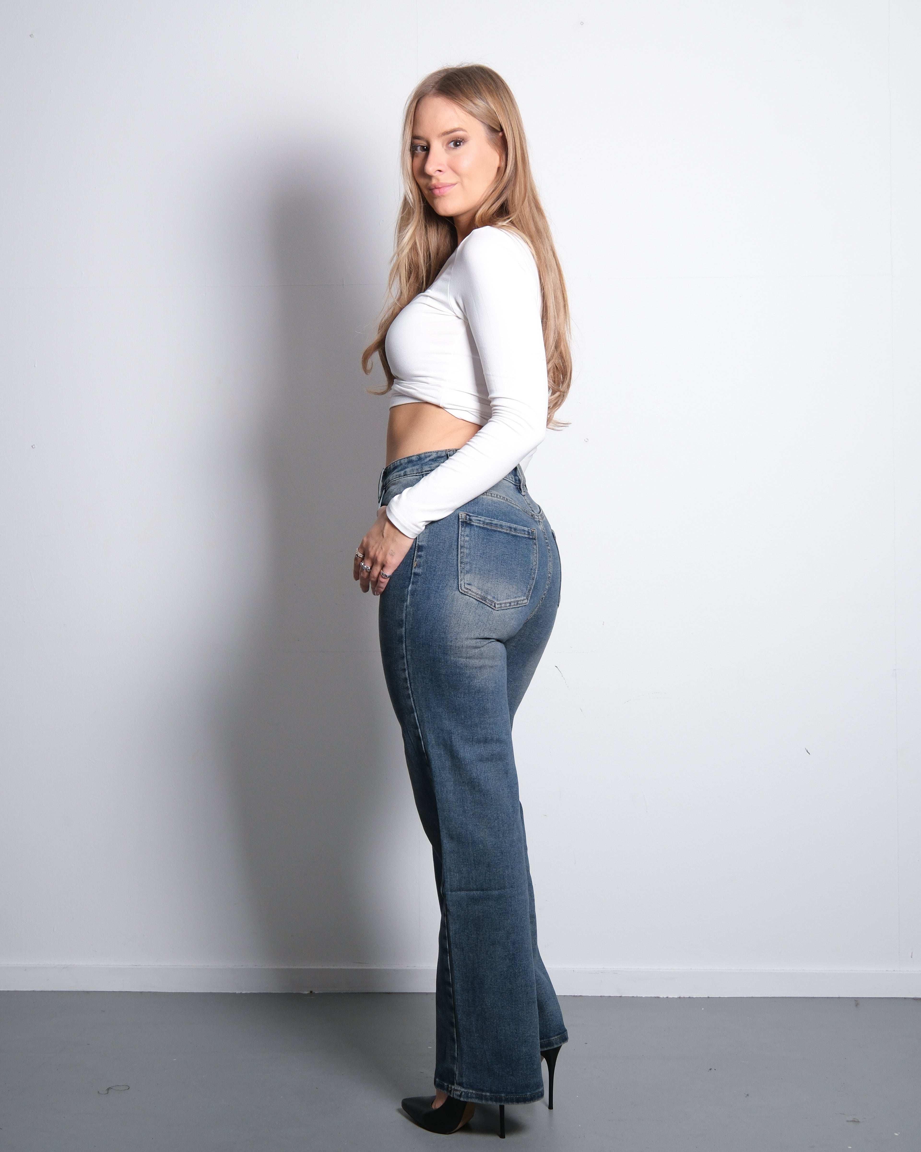 HIGH WAIST WIDE LEG JEANS BLUE GREY - 77CM