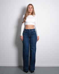 STRETCHY DARK BLUE WIDE LEG JEANS WITH RAISED BOTTOM SEAM - INSEAM 80CM | SEISHIKI STUDIO