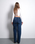 DONKERBLAUWEJEANS  WIDE LEG  EN VERHOOGDE ONDERNAAD – BINNENBEENLENGTE 80 CM