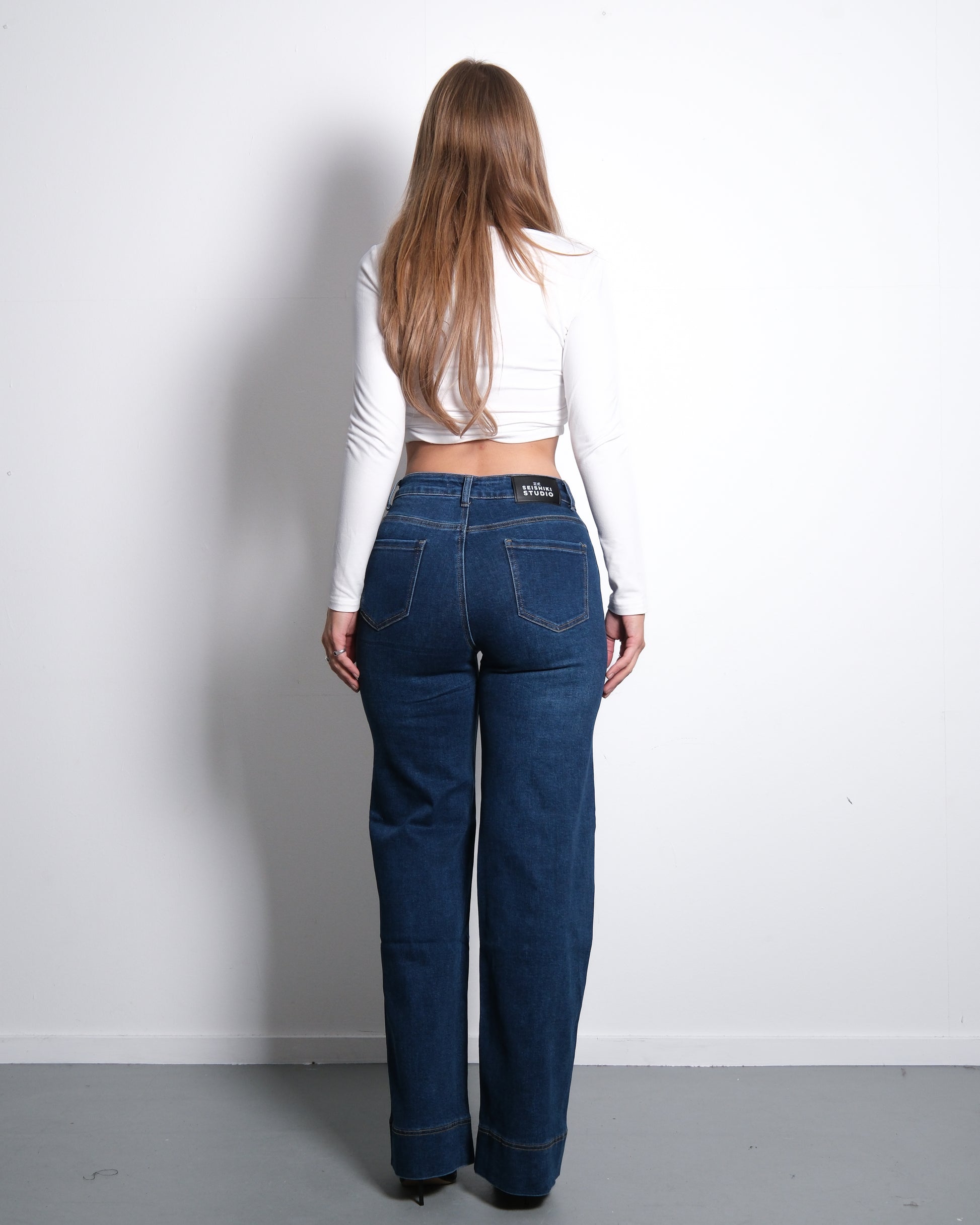 STRETCHY DARK BLUE WIDE LEG JEANS WITH RAISED BOTTOM SEAM - INSEAM 80CM | SEISHIKI STUDIO