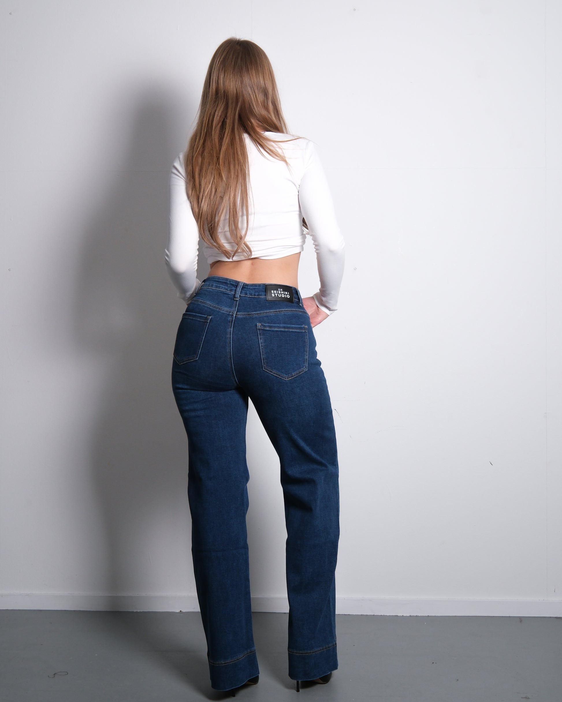 STRETCHY DARK BLUE WIDE LEG JEANS WITH RAISED BOTTOM SEAM - INSEAM 80CM | SEISHIKI STUDIO