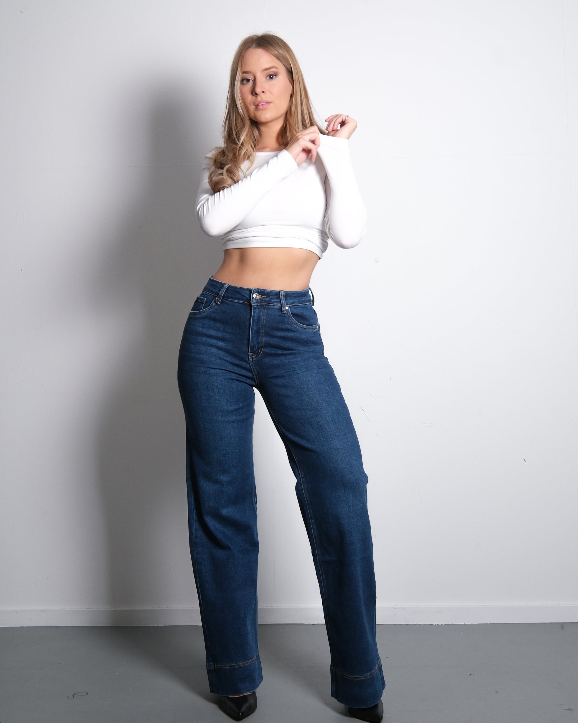 STRETCHY DARK BLUE WIDE LEG JEANS WITH RAISED BOTTOM SEAM - INSEAM 80CM | SEISHIKI STUDIO