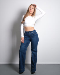 STRETCHY DARK BLUE WIDE LEG JEANS WITH RAISED BOTTOM SEAM - INSEAM 80CM | SEISHIKI STUDIO