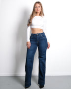 DONKERBLAUWEJEANS  WIDE LEG  EN VERHOOGDE ONDERNAAD – BINNENBEENLENGTE 80 CM