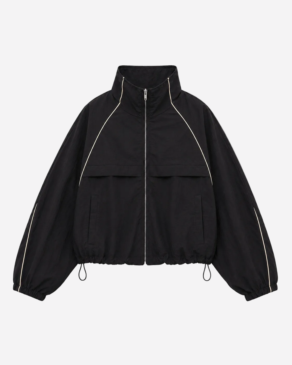 Oversized Contrast Piping Drawstring Windbreaker Jacket Black | SEISHIKI STUDIO