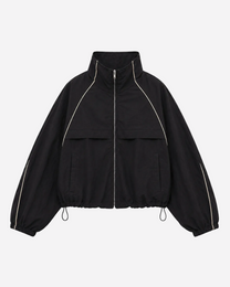 Oversized Contrast Piping Drawstring Windbreaker Jacket Black | SEISHIKI STUDIO