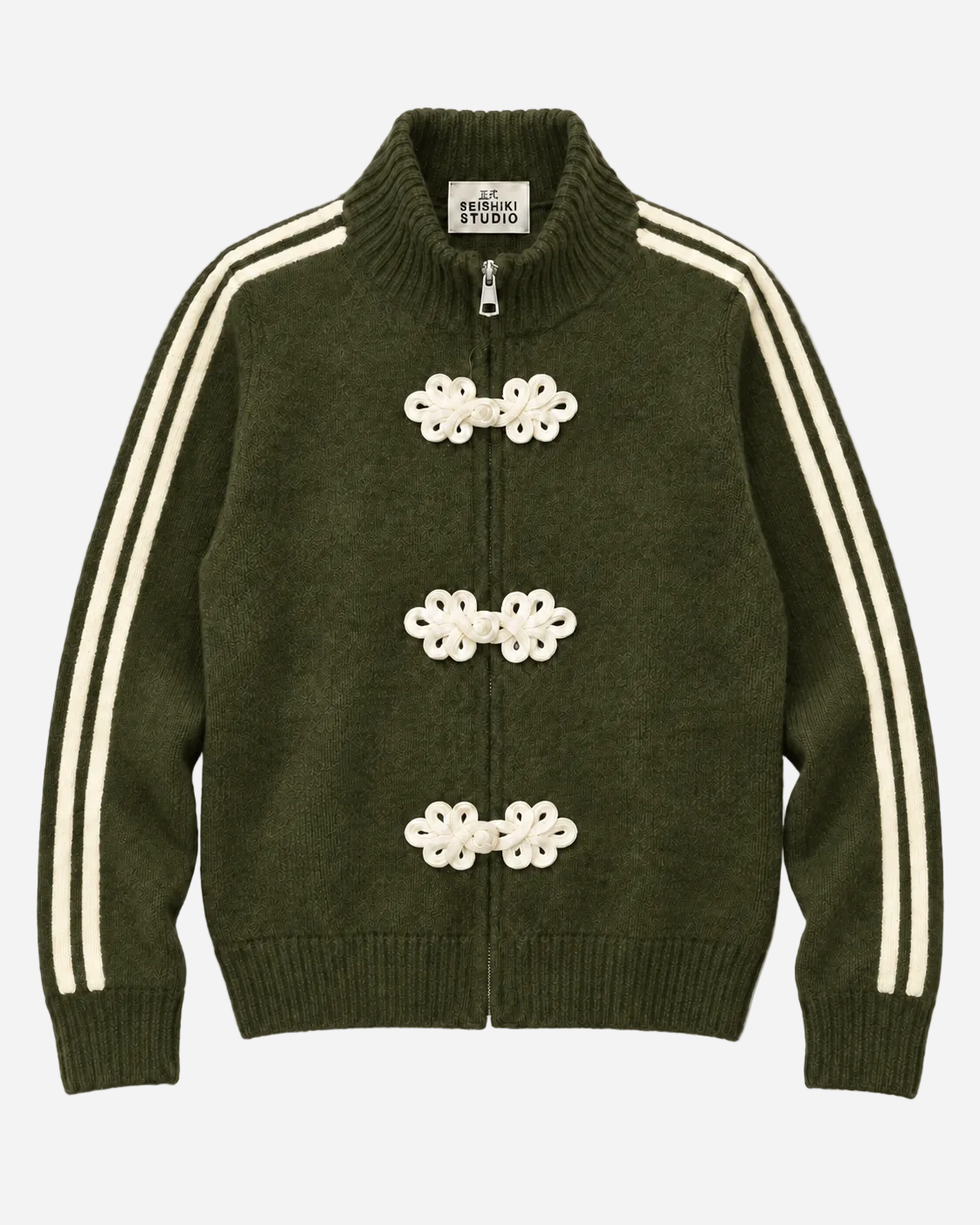 FROG CLOSURE STRIPE KNITTED TRACK JACKET GREEN | SEISHIKI STUDIO