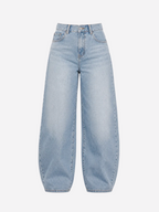 Medium Wash With Stretchy Back Balloon Jeans With Brown Patch  | SEISHIKI STUDIO
