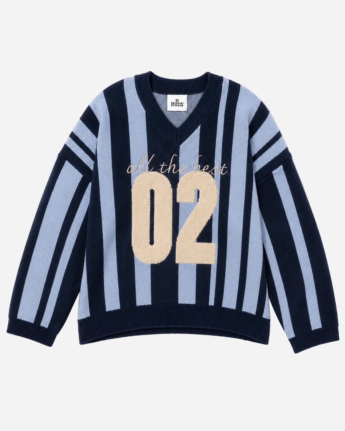 Varsity Stripe V-Neck Sweater Blue | SEISHIKI STUDIO