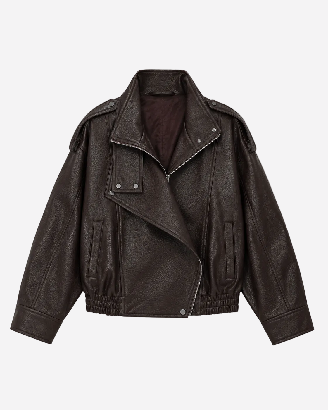 Oversized High Neck Faux Leather Jacket With Asymmetric Flap Detail BROWN | SEISHIKI STUDIO