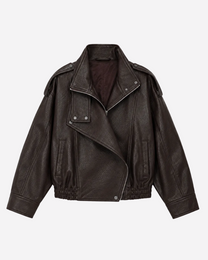 Oversized High Neck Faux Leather Jacket With Asymmetric Flap Detail BROWN | SEISHIKI STUDIO