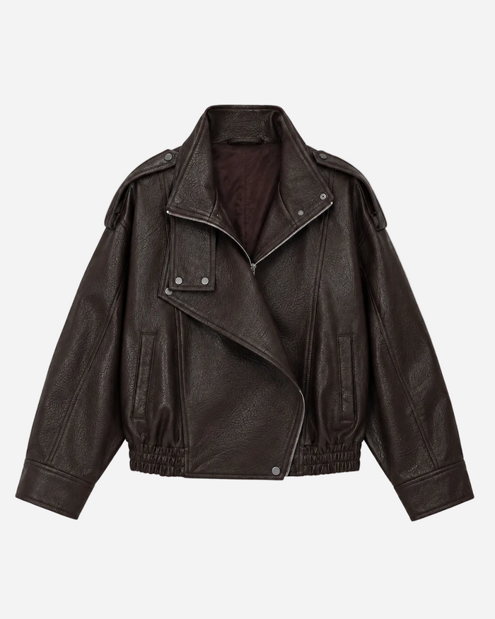 Oversized High Neck Faux Leather Jacket with Asymmetric Flap Detail Brown | SEISHIKI STUDIO