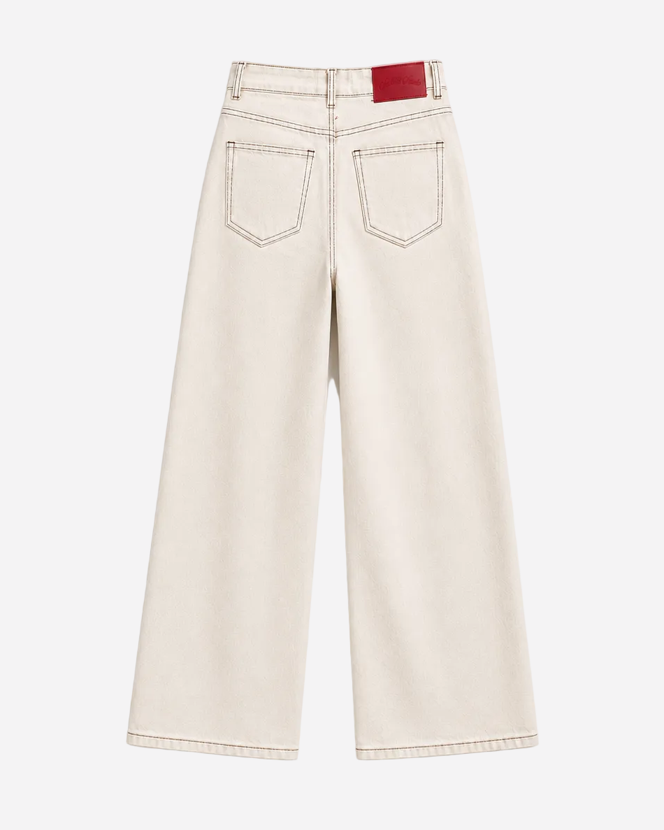 Cream With Accent Stitching Wide Leg Jeans With Red Patch | SEISHIKI STUDIO