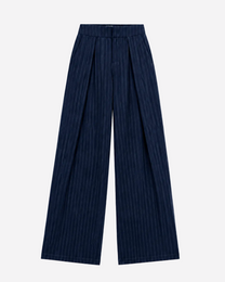 High Waisted Striped Wide Leg Trousers With Front Pleats NAVY | SEISHIKI STUDIO