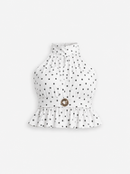 SEISHIKI STUDIO polkadot high neck gold button detail crop top white
