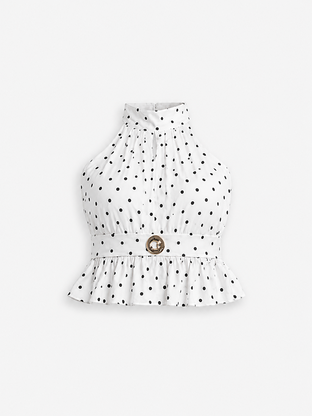 SEISHIKI STUDIO polkadot high neck gold button detail crop top white