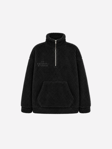 Black Oversized Teddy Quarter Zip Sweater – Fluffy Cozy Pullover