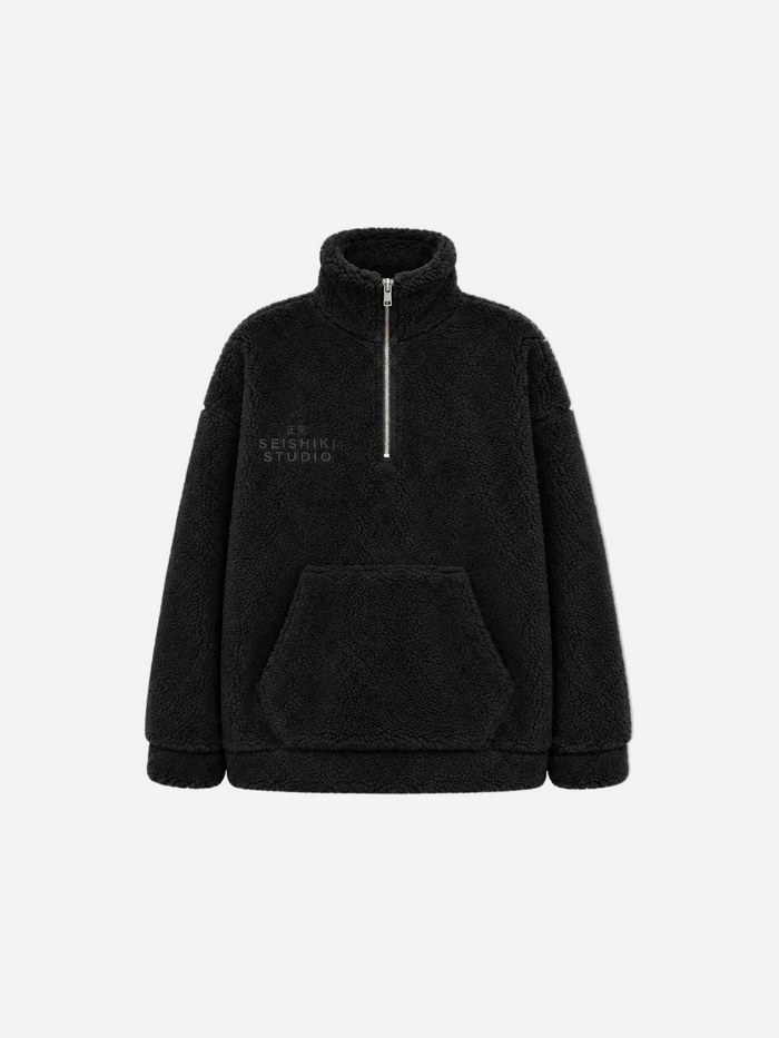 Black Oversized Teddy Quarter Zip Sweater – Fluffy Cozy Pullover | SEISHIKI STUDIO