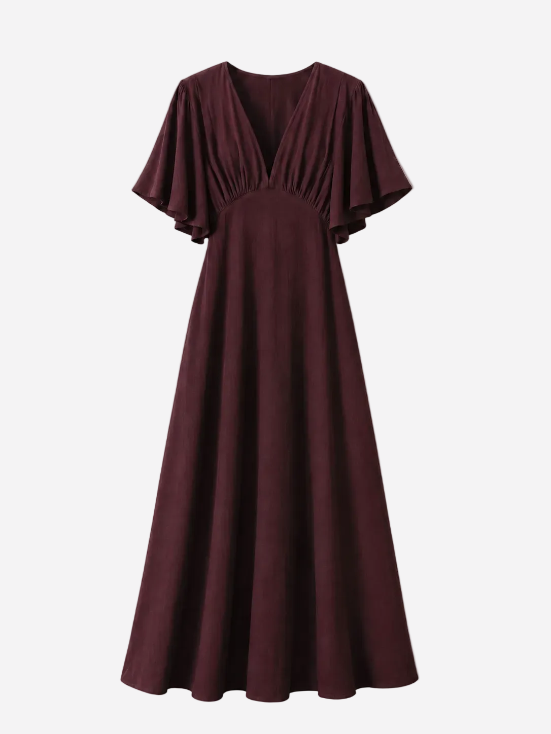 v neck flare sleeve midi dress brown