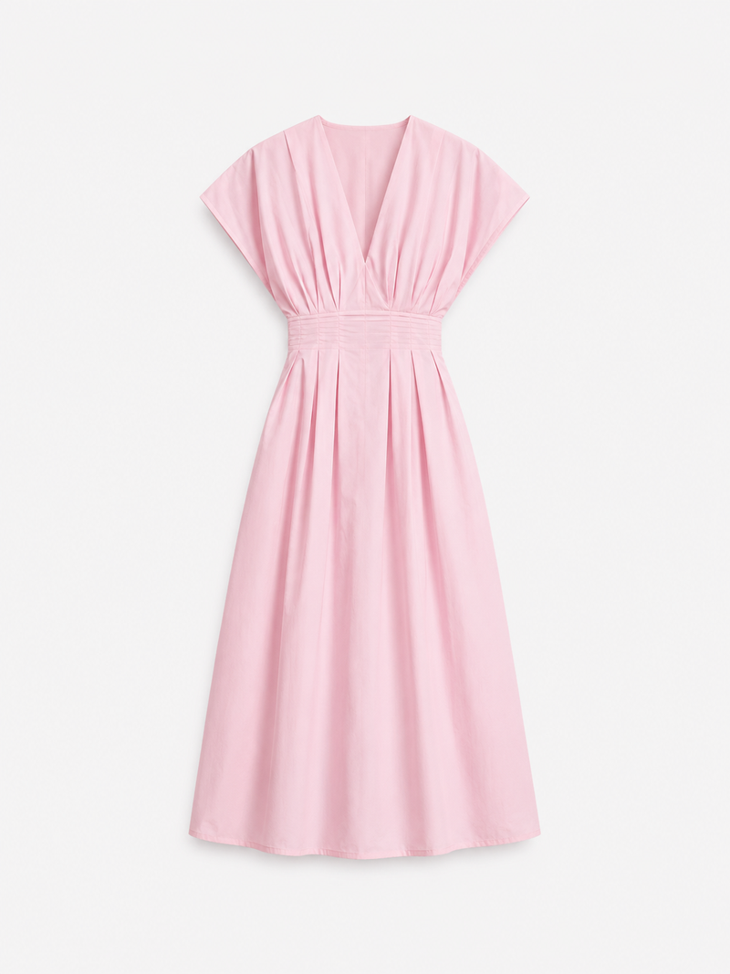 Shape enhancing cotton pleated shortsleeve front tie dress pink | SEISHIKI STUDIO