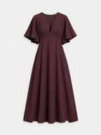 v neck flare sleeve midi dress brown