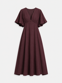 v neck flare sleeve midi dress brown